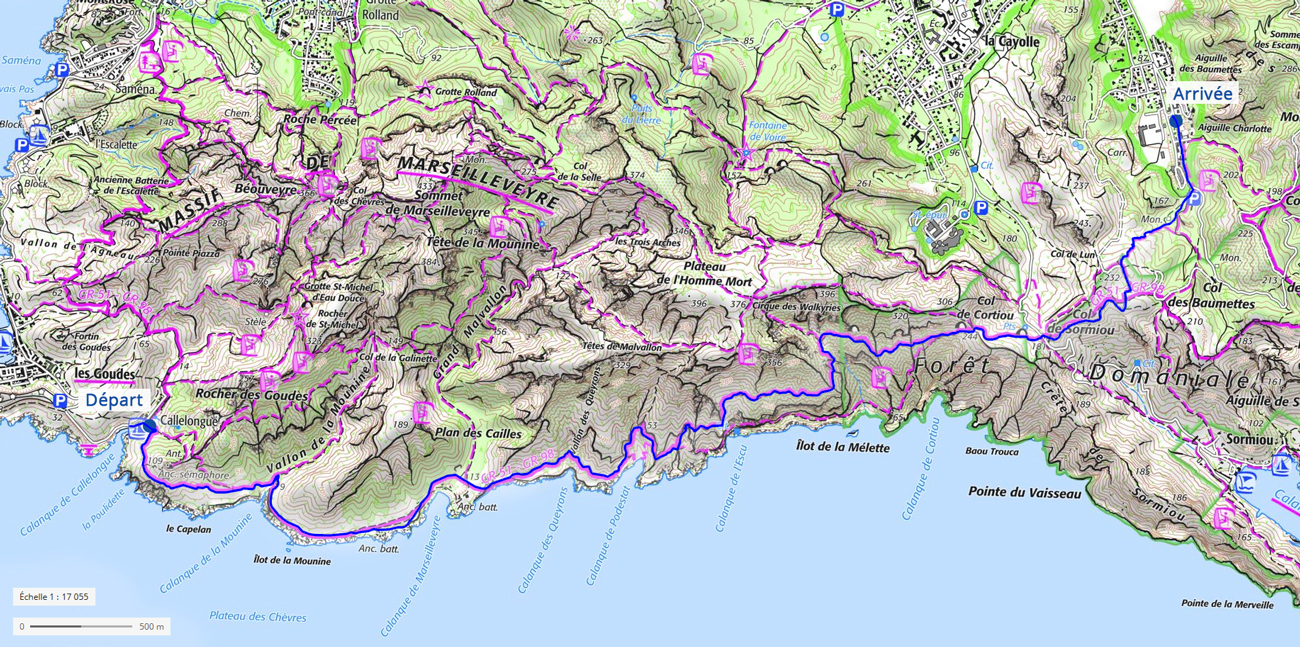 Parcours de la randonnée entre Callelongue et les Baumettes